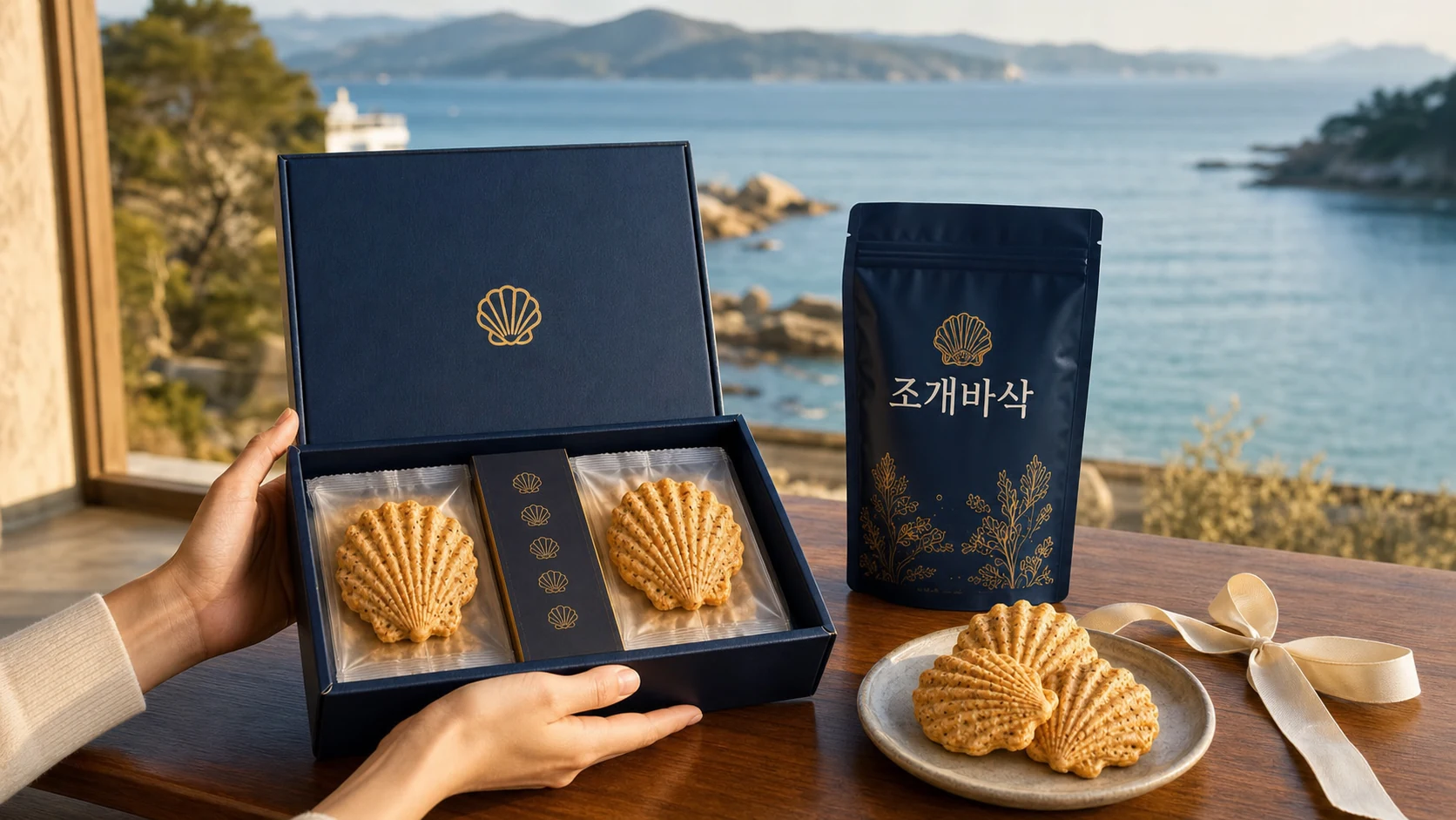 완도 바다 앞에서 건네는 조개바삭 네이비 선물세트